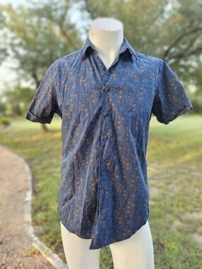 Rodd & Gunn Sports Fit Italian Fabric Blue Button-Up Shirt with Rust Dot Print M